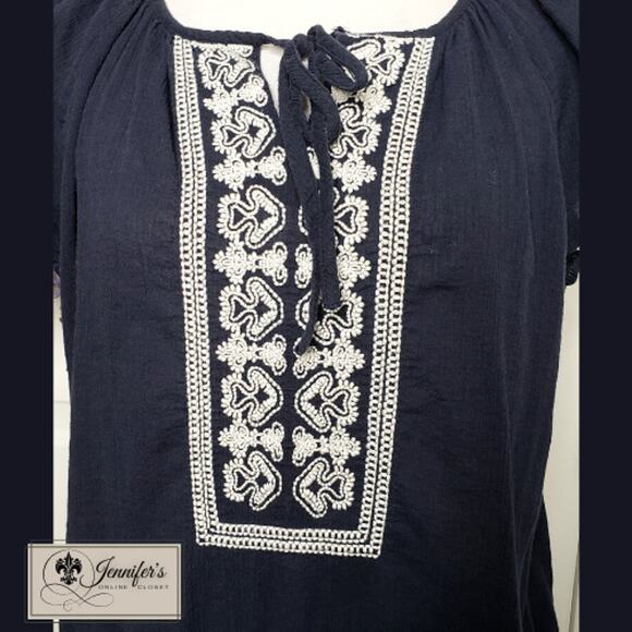 3/$25 Tommy Hilfiger Women's Navy Blue w/White Embroidery Front Tie Top Size L - Picture 3 of 10